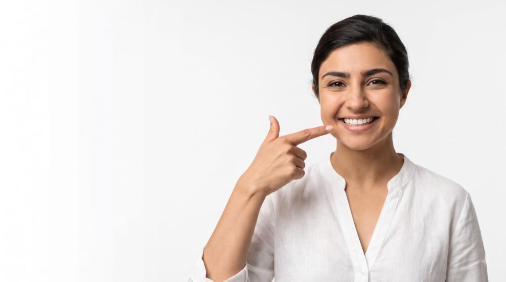 Women show teeth for Dental treatment at Vinayak Dental Clinic, Palda, Indore